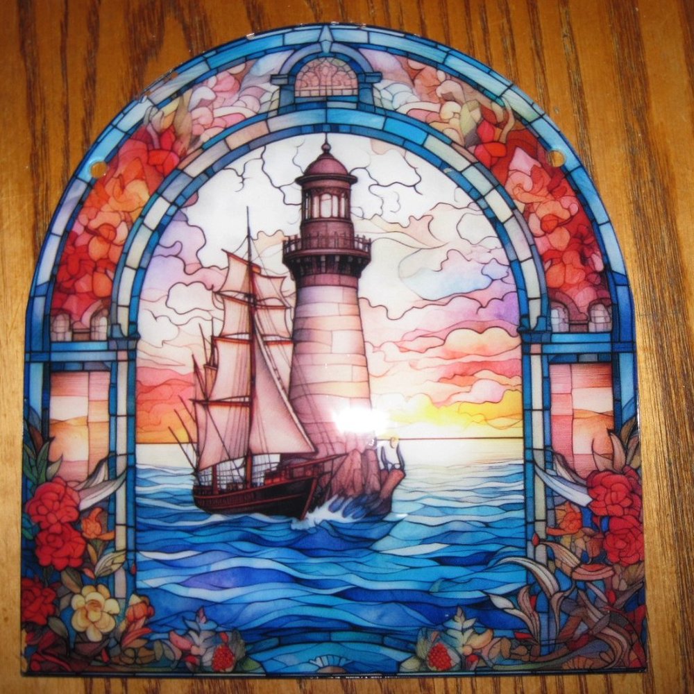 Colorful Lighthouse Suncatcher w/Tall Ship making passage w/chain